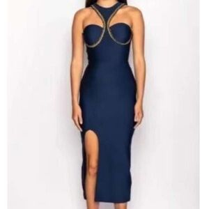 AKIRA Navy Blue Bodycon Midi Dress | Gold Chain Detail | Size S